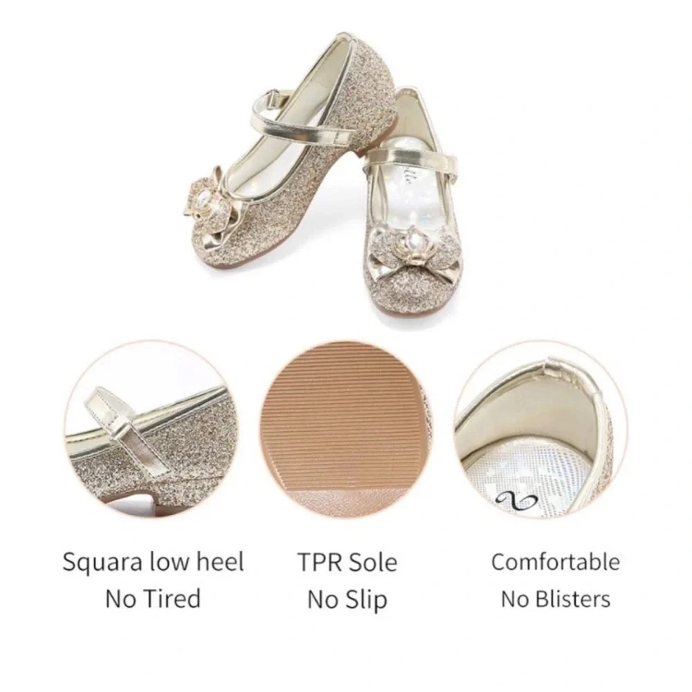 Stelle Girls' Mary Jane Hook & Loop Dress Shoes Gold Glitter Bow Gem Low Heel
